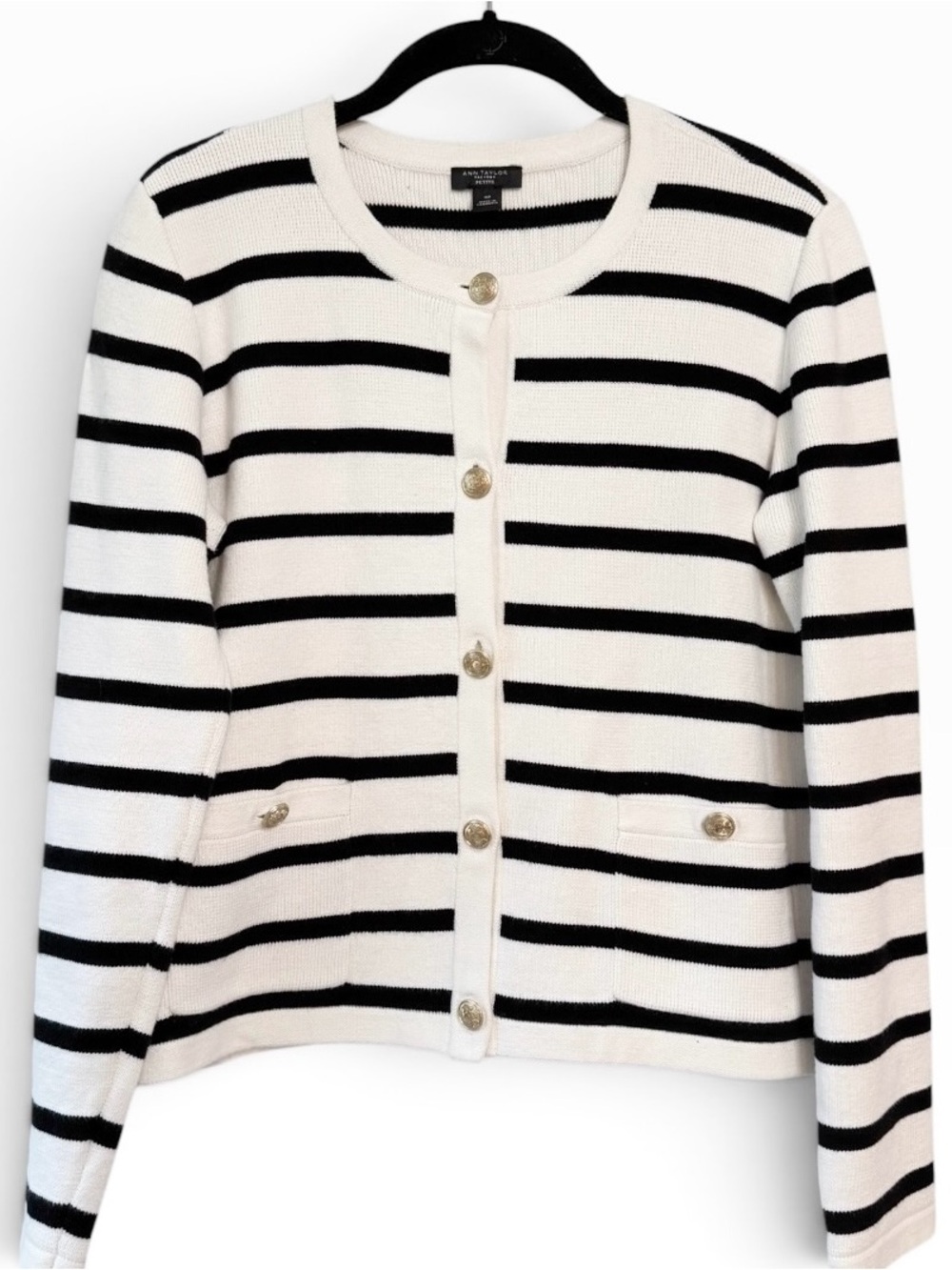 Ann Taylor Cotton Stripped Button Front Cardigan Sweater Black White Size MP